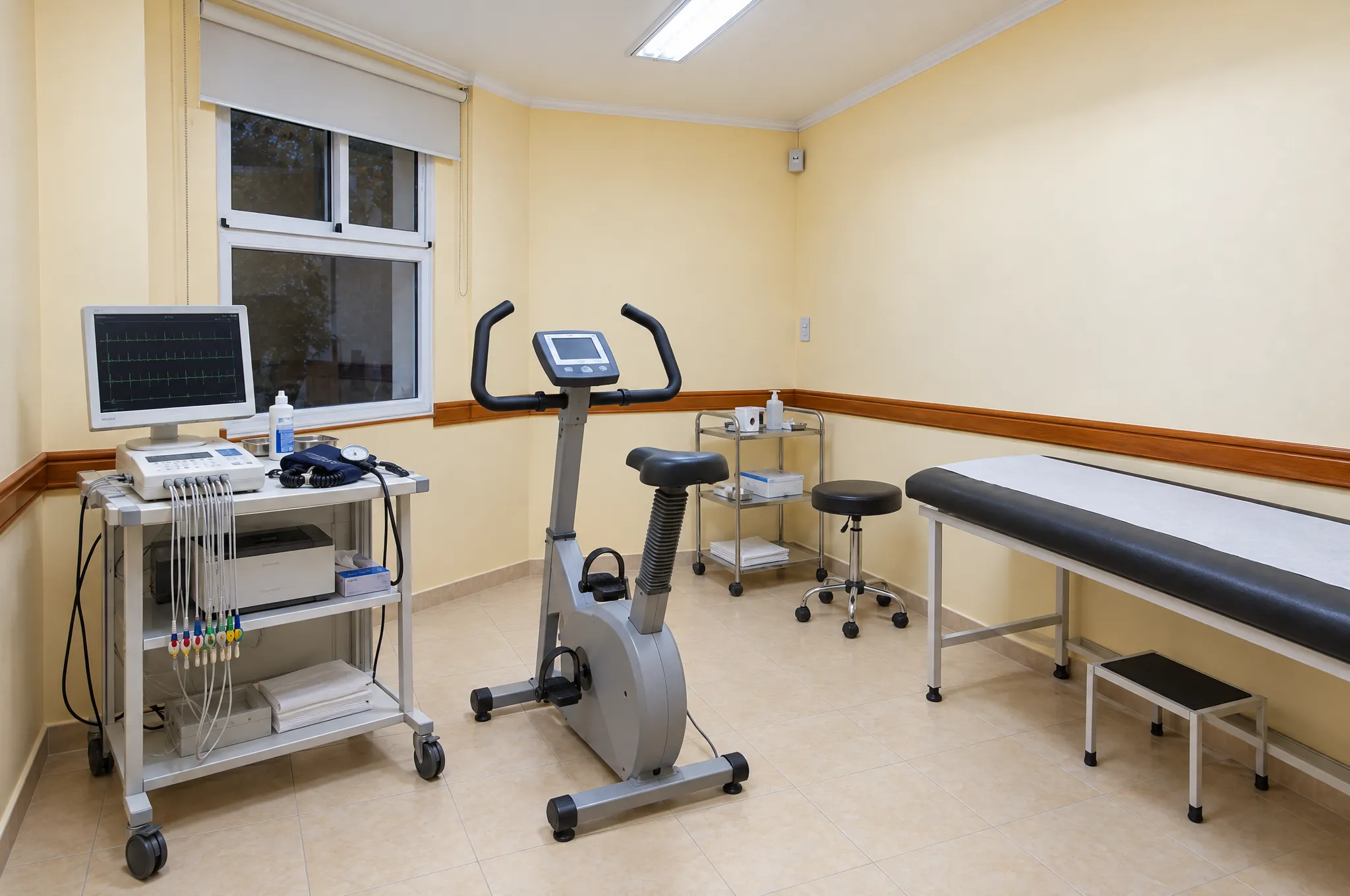 Sala de ergometría con bicicleta fija y electrocardiógrafo